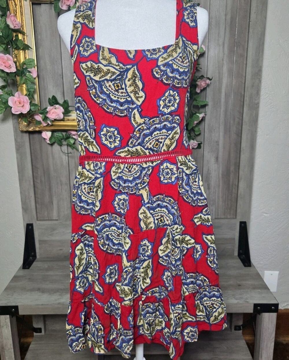 Maurices 1X Plus Red/Blue Floral Sheath Dress Square Neck Sleeveless Lined